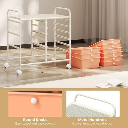 GOFLAME 9-Drawer Rolling Storage Cart, Mobile Utility Cart with Removable Drawers & Metal Frame, Art Craft Organizer Cart with Lockable Wheels, Storage Drawer Cart for Home Office School, Peach Fuzz