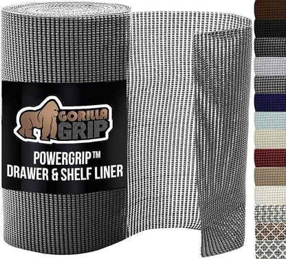 GORILLA GRIP powerGRIP Drawer Shelf and Cabinet Liner, Thick Strong Hold, Non-Adhesive Liners Protect Kitchen Cabinets and Cupboard, Bathroom Drawers, Easy Install, Breathable Mat, 12" x30', Gray