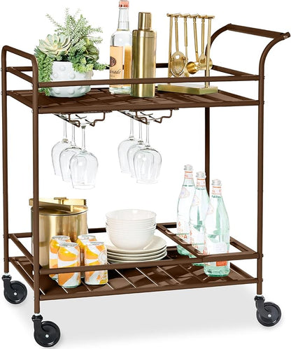 Best Choice Products Rolling Bar Cart, Mobile Home Bar Serving Cart, Serving Station w/ 2 Tier Shelves, Wine Rack, Lockable Wheels - Brown