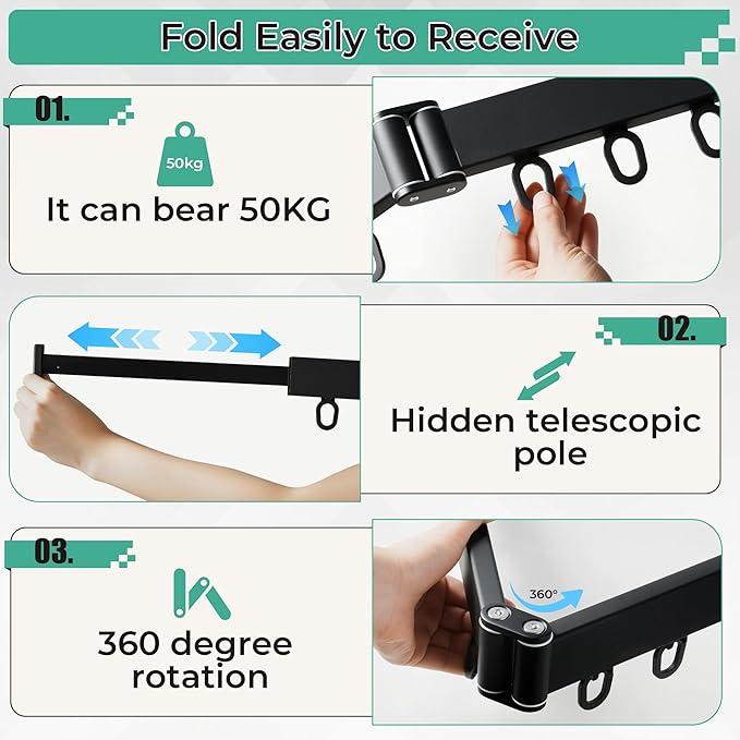 Wall Mounted Drying Rack,Foldable and Rotatable Clothes Drying Rack, Triple Folding Hanger Saves Space,Suitable for Cloakroom,Balcony, Bathroom,The Maximum Load Bearing 50kg (Black)
