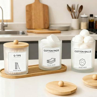 GYOSUGANG 3 PCS Qtip Holder for Bathroom, Cotton Ball Holder, with Tray, Bathroom Organizers and Storage, Bathroom Jars for Floss Picks, Cotton Swabs, Balls, Pads (Frosted)