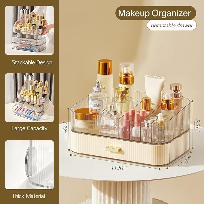 Decorcode Makeup Organizer With Stackable Drawer, Cosmetic Storage Display Case for Vanity, Bathroom Countertop or Dresser,Counter top Holder for Lipstick, Brushes, Lotions, Eyeshadow, Nail Polish