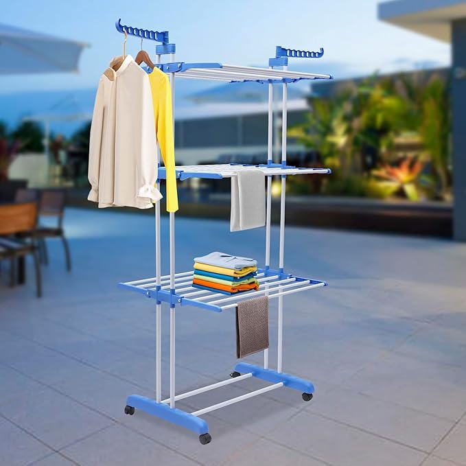 Foldable Clothes Drying Rack, 4 Tier Metal Clothes Rail with Wheels 7 Windproof Hooks Clothes Horses Rack Laundry Garment Dryer Stand with 2 Side Wings Indoor, Outdoor, Bedroom, Loft (Blue)