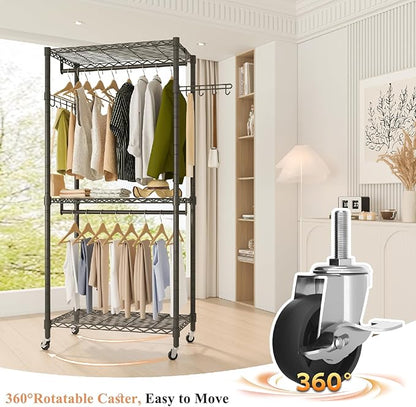 Heavy Duty Rolling Garment Rack, 3 Tiers Wire Shelves Adjustable Freestanding Portable Rolling Clothing Rack with Lockable Wheels, 29.5''L x 15.8''W x 78.8''H, Max Load 400 LBS