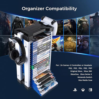 ASFSKY Video Game Storage Tower - 24 Games Holder Stand with 2 Controller Hooks Universal Video Game Organizer Compatible with PS5, PS4, Xbox & Switch Games (23Pcs)