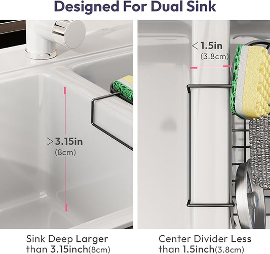 SWTYMIKI Sponge Holder for Kitchen Sink - Movable Kitchen Sink Caddy with M Shape Hook Stainless Steel Hanging Sponges Caddy Organizer in Double Bowl Sinks Depth>3.15in, Middle Divider<1.5in, Black L