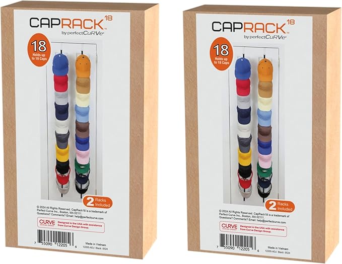Perfect Curve Hat Organizer CapRack 2-Pack | Over-The-Door Hat Rack and Organizer | Baseball Cap Rack | Hat Rack for Door | Cap Organizer | 4 Straps | Holds 36 to 72 Adjustable Caps |Black