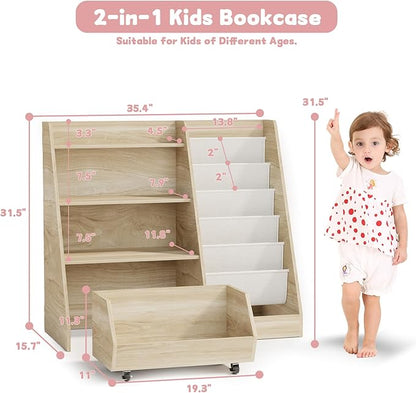 COZPAW Kids Bookshelf and Toy Storage, 4 Tier Toddler Bookshelf with Movable Drawer (Oak)