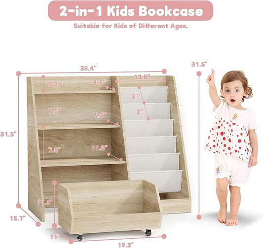 COZPAW Kids Bookshelf and Toy Storage, 4 Tier Toddler Bookshelf with Movable Drawer (Oak)