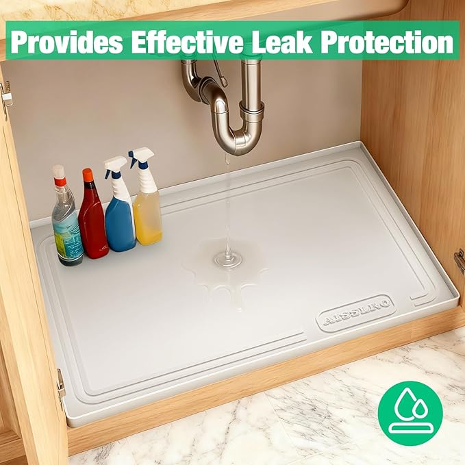 Aisslro Under Sink Mat 22" X 19", Waterproof Silicone Under Sink Mats for Kitchen, Anti-Leak Shelf Liner & Cabinet Protector with Raised Edge, [BPA Free] Bathroom Tray Home Organizer, Beige