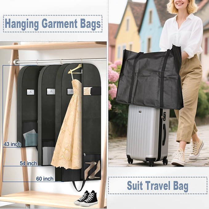Suit Clothing Storage Bags for Closet Organization, Large Heavy Duty Zippered Garment Bags, Breathable Travel & Moving Bags for Hanging Clothes & Seasonal Protection