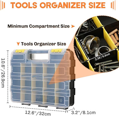 Small Parts Organizer | Storage Case Tools Box 34-Compartments Double Side Organizer Box with Removable Dividers for Small Hardware, Screws, Bolts, Nuts, Nails, Beads (Yellow)