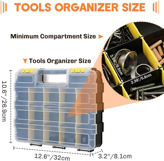 Small Parts Organizer | Storage Case Tools Box 34-Compartments Double Side Organizer Box with Removable Dividers for Small Hardware, Screws, Bolts, Nuts, Nails, Beads (Yellow)