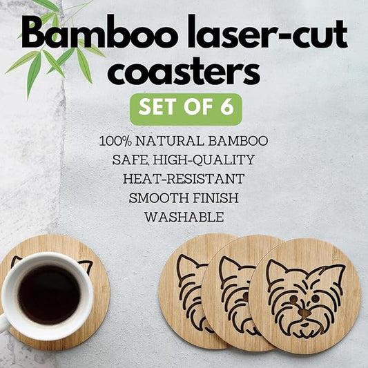 Set of 6 Bamboo Laser-Engraved Fun Dog Coasters with Iron Holder - Gift Packaging 3.9 Inch Non-Stick Absorbent Durable and Unbreakable Wooden Cup Coasters for Dog Lovers (Yorkie)