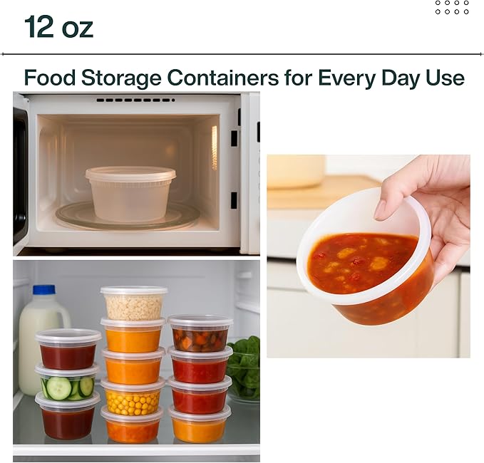 ProTakeOut 12oz [50 set] Heavy Duty Plastic Deli Container | BPA-Free Food Storage with Airtight Leak‑Proof Lids | Microwave, Freezer & Dishwasher Safe – Stackable, Bulk Reusable Soup & Meal Prep Tub