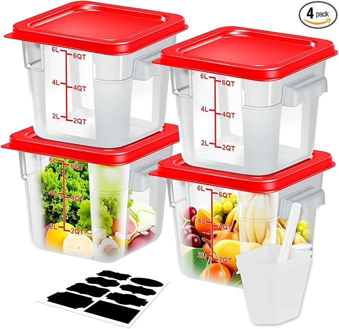 WELKOR Airtight Square Food Storage Containers with Lids 4-Pack, Lock-Tight Seal for Flour, Sugar, Cereal, Keep Food Fresh, BPA-Free Stackable Kitchen Canisters with Measurements (Red, 6QT-4PACK)