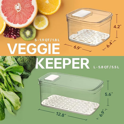 Felli Duo Fresh Veggie Keeper for Fridge with Vent & Drain Trays, LARGE Fruit Vegetable Storage Container for LONG Produce Veggie, Cabbage Celery Lettuce Asparagus Zucchini Saver for Refrigerator
