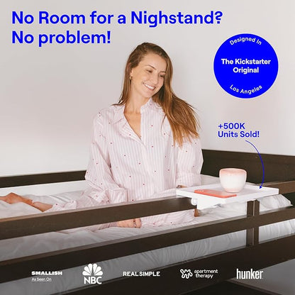 BedShelfie Bedside Shelf for Dorm Room Bunk Bed & Top Bunk, College Dorm Room Essentials, Bedside Caddy, Clip on Floating Desk Tray, Bed Side Table Storage, Loft Nightstand Decor - Cable Catch, White