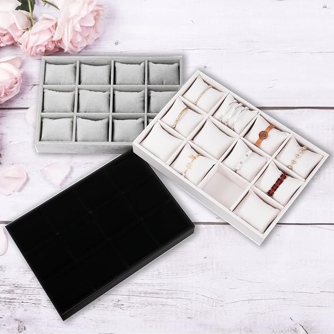 Polmart Stackable 12-Grid Jewelry Tray with Pillow, White Leatherette (2-Pack)