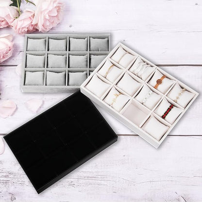 Polmart Stackable 12-Grid Jewelry Tray with Pillow, White Leatherette (2-Pack)