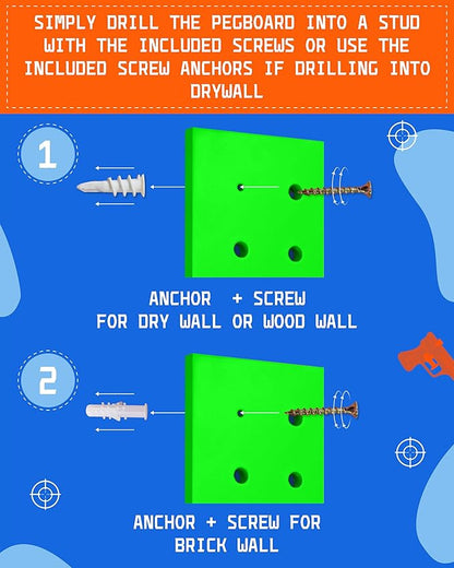Skywin Wooden Pegboard Walls Organizer for Nerf Gun 13 x 0.32 x 13 Inches - Hanging Holder Wall Pegboard Compatible with All Blasters Nerf Gun Rack Organizer for Wall Organization (Green)