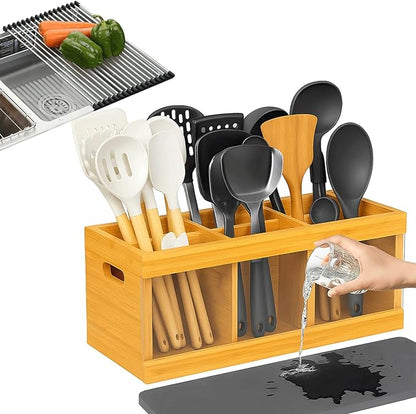 2 in 1 Kitchen Utensil Holder with Over Sink Dish Drying Rack, Bamboo Utensil Holder for Kitchen Countertop – Large Cooking Utensil Organizer & Silverware Caddy with 6 Compartments with Drying Stone