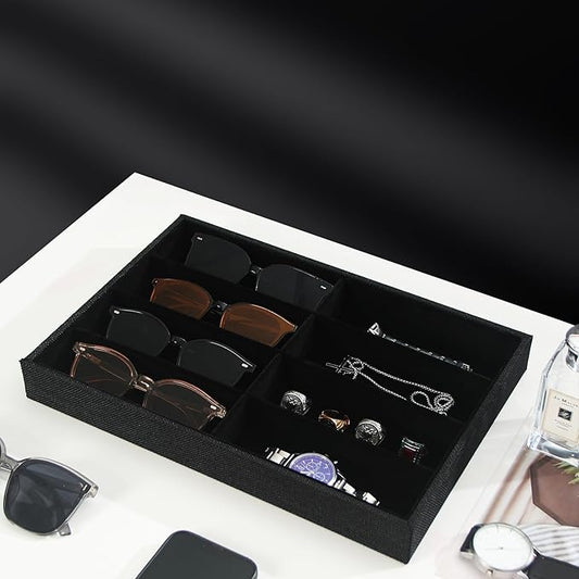 Julysky Sunglass Organizer Tray,8 Grids Watch Holder Display Jewelry Tray for Drawer, Jewelry Display Organizer Tray Box for Men （Black