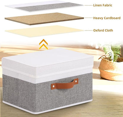Fabric Storage Bins with Lids, Linen Collapsible Boxes, Storage Baskets with Double Handles, White and Grey, 5 Pack, 13 x 9.1 x 7.9 Inch