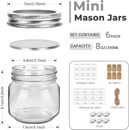 Eathtek Small Mason Jars 8oz/240ml with Regular Lids, 6 Pack Glass Canning Jars With Labels, Mini Glass Jars for Jam Jelly Spice Honey Herbs, Wedding Shower Favors Food Storage Candle Jars