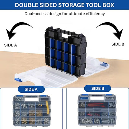 Andalus Tools Organizer Box, Small Parts Storage 34-Compartment Double-Sided Portable Hardware Organizer Removable Plastic Dividers for Screws, Nuts, Bolts, Nails – Blue (2 Pack, 12.5" x 10.5" x 3")