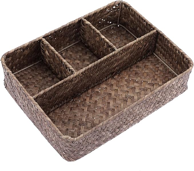 Wicker Baskets 4-Section Tea Bag/Sugar Packet Holder,Seagrass Woven Compartment Organizer,Storage Rattan Divided Basket,Office-Desk Baskets for Shelves,Pantry,Coffee Organizer,Countertops-Brown
