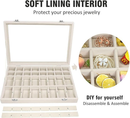 Velvet Jewelry Tray 48 Compartments Jewelry Display Organizer with Transparent Cover Rings, Earrings, Necklaces, Pendants Storage Box for Girls, Wives, Mothers, Women
