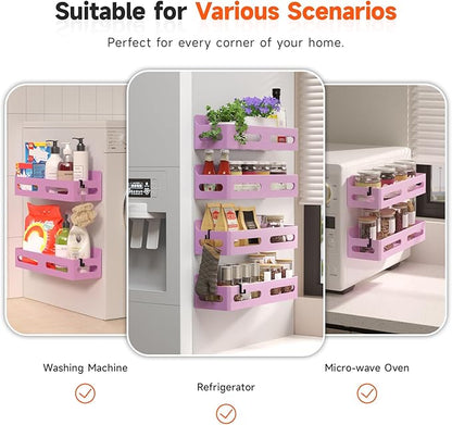 4 Pack Strong Magnetic Spice Rack for Refrigerator, Multipurpose Magnetic Shelf for Fridge with 4 Hooks for kitchen and Bathroom Organization, Pink
