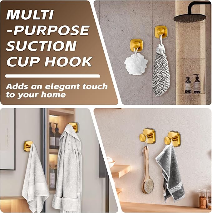 Supopular Heavy Duty Reusable Suction Cup Hooks for Kitchen/Bathroom/Shower - Wet-Proof Hooks for Towels, Robes, Loofah&Wreaths/No Drill Mounting on Glass, Tile, Metal (2, Brushed Gold)
