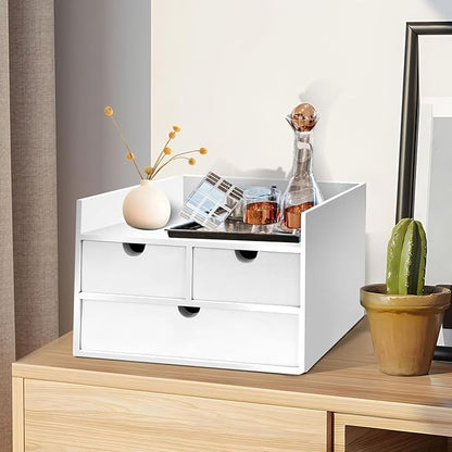 Bamboo Desk Organizer 3 Drawer with Shelf, Countertop Organizer with Drawers Makeup Storage Drawer 3 Drawers Tabletop Storage Organization Box Home Office Workspace（White）
