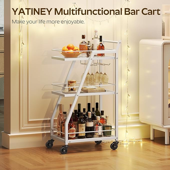Bar Cart for The Home, Small Bar Cart on Wheels, Home Bar Serving Cart with Glass Holder, for Kitchen, Transparent and White BC03WT