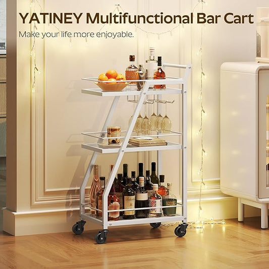 Bar Cart for The Home, Small Bar Cart on Wheels, Home Bar Serving Cart with Glass Holder, for Kitchen, Transparent and White BC03WT