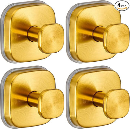 Fenas Suction Cup Hooks for Shower - Resuable Bathroom Hooks for Towels, Robes & Loofah - No-Drill Mounting on Kitchen,Walls,Metal,Glass,Mirrors,Tile & Smooth Non-Porous Surfaces (4, Brushed Gold)