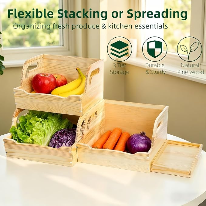 Wood Potato Onion Storage Bin, Stackable Pantry Organizer, Open Front Kitchen Produce Storage with Anti-slip Mat, 3 Tier Countertop Snack Food Container for Fruit Vegetable Bread, Set of 3