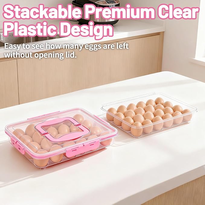 Deviled Egg Containers with Lid, 2 Pack Thick Clear Plastic Deviled Carrier with Handle Storage 48 Eggs, Stackable Egg Holder Portable Tray Platter for Fridge, Travel, Party-Pink