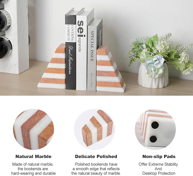 Marble Book Ends, Non-Skid Bookends for Shelves, Composite Bookend with Natural Stone, Heavy Duty Book Stopper, Collected CDs and Oversized Books Organizer, White & Red Decorative Bookends