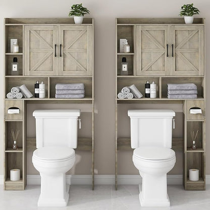 Vabches Over The Toilet Storage Cabinet, Farmhouse Storage Cabinet Over Toilet with 2 Barn Door & Toilet Paper Holder Stand，Home Space-Saving Toilet Rack, for Bathroom, Restroom, Laundry