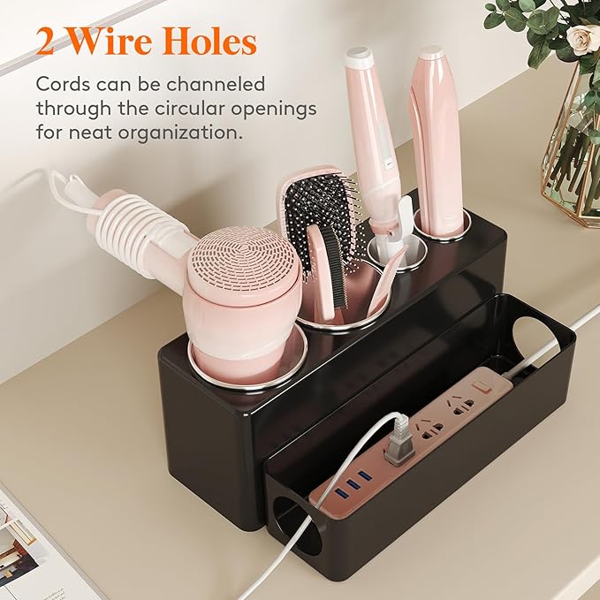 Lifewit Hair Tool Organizer Countertop, Removable Blow Dryer Holder for Bathroom Vanity, Acrylic Hot Tools Organizer Storage for Hair Dryer, Curling Iron, Brush, Straightener, 4 Stainless Cups, Black