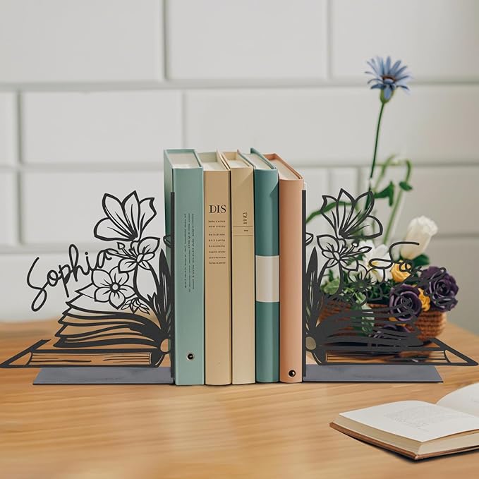 Personalized Flower Book Ends for Shelves 2 Pcs, Custom Name Metal Book Holders, Unique Bookends for Heavy Books, Non-Slip Book Stopper, Home Office Desk Bookshelf Decor, Customized Gifts