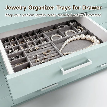 8 Pcs Jewelry Drawer Organizers, Velvet Jewelry Trays for Drawer, Stackable Jewelry Trays Ideal for Rings, Earrings, Bracelets, Necklaces, Grey (Gray)