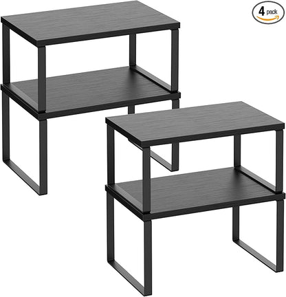 Selefrecos Kitchen Cabinet Organizer Shelf Set of 4, Sturdy Kitchen Counter Shelves with Metal Legs, Stackable Expandable Wood Spice Rack Pantry Cupboard Dish Mug Cup Storage Organizer Shelf, Black