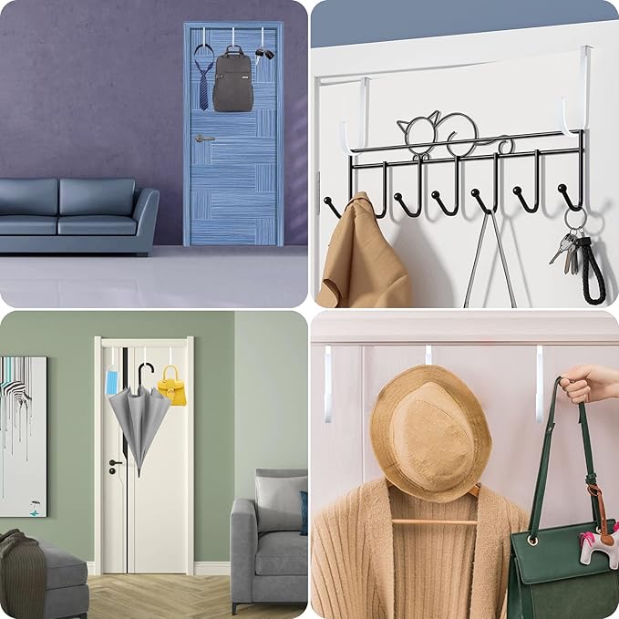 Manesi Double Sided Over The Door Hooks for Clothes. Over The Door Hanger Hook Set of Four. Towel Hanger for Bathroom, Wreath Hook, Coat Rack Hat Organizer or Plant Hooks for Ceiling 4 Pack