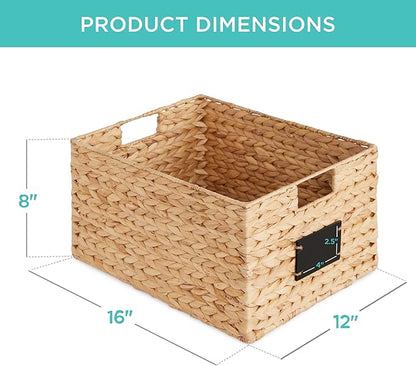 Best Choice Products Pantry Baskets Set of 2 16x12in Water Hyacinth Storage Baskets, Woven Wicker Kitchen Organizers with handles w/Chalkboard Label Chalk Marker - Natural