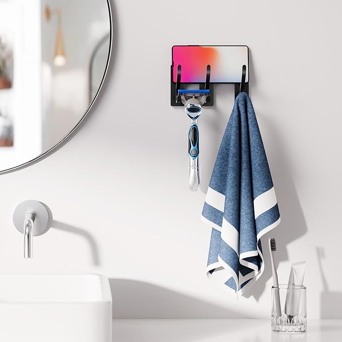 Josmimic Self Adhesive Towel Hooks: Extra Strong 13LB, Stainless Hook for Hanging Loofah, Towels, Coat, Bath Robe Bathroom Shower, Black, 4 Pack