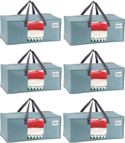 VENO 6 Pack Heavy Duty Moving Bags, Christmas Storage Bins with Lids, Transparent Window Design, Alternative to Moving Boxes, Storage Bags for Clothes, Blankets, Comforters (Light Blue Matte, 6 Pack)